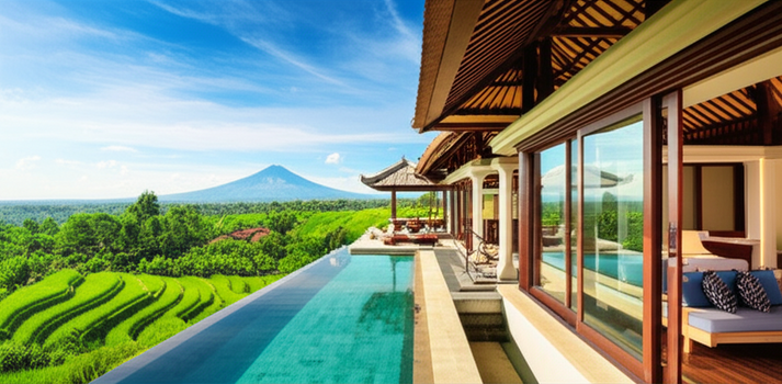 A luxurious villa in Bali overlooking rice paddies and a volcano, showcasing modern design with Balinese architectural elements.