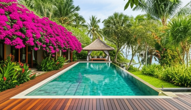 Exterior view of a luxurious Bali villa with a pool, lush gardens, and a traditional Balinese gazebo.