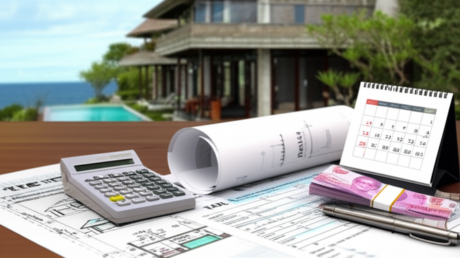 Illustration detailing the financial aspects of building a villa in Bali, including construction, land acquisition, and operational costs.