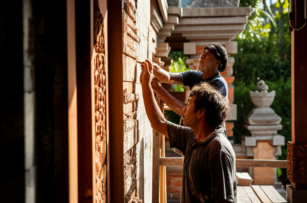 Artisans working on finishing touches of a Bali villa, showcasing intricate wood carvings and natural stone cladding, blending traditional craftsmanship with modern design.