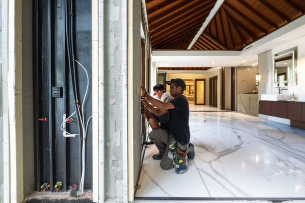 Interior rendering of a Bali villa during the fit-out phase, showcasing electrical wiring, plumbing, and interior finishes like marble flooring and modern lighting.