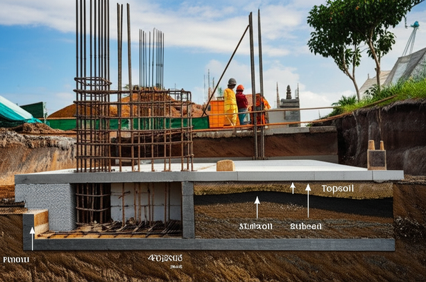 Cross-section diagram illustrating the foundations of a Balinese villa, including site preparation, soil testing, and a concrete slab foundation, highlighting structural integrity.