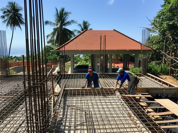 Construction of a villa in Bali, showcasing foundation work, reinforced concrete framing, and Balinese roofing.
