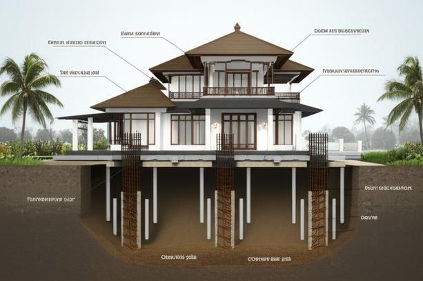 Diagram illustrating the foundation of a Balinese villa, showing deep pile foundations and reinforced concrete to withstand seismic activity.