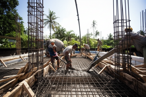 Foundation pouring for a luxury villa in Bali, showcasing construction workers and reinforced concrete.