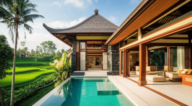 Architectural rendering of a modern Balinese villa with traditional elements, blending indoor and outdoor living, with an infinity pool and lush garden.