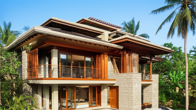 Architectural rendering of a Balinese villa, showcasing a blend of traditional and modern design elements, highlighting quality craftsmanship and materials suitable for the tropical environment.