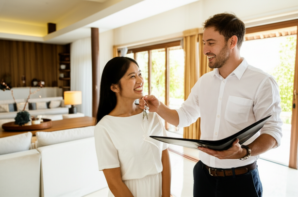 A builder handing over keys and documentation to a new Bali villa owner, symbolizing the completion of the construction process.