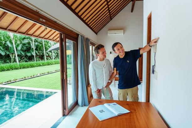 Homeowner and contractor conducting a final walkthrough of a newly built Bali villa during the handover process. The contractor explains details, ensuring client satisfaction and quality craftsmanship.