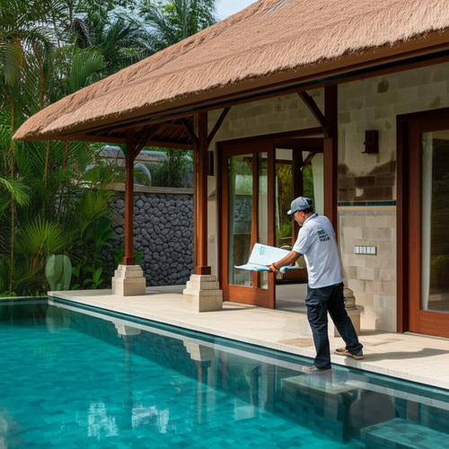 Final inspection of a newly built Bali villa prior to handover and occupancy, with a worker inspecting details and legal documents.