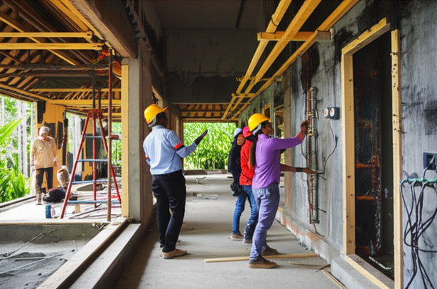 Villa inspection in Bali. Independent experts checking the quality of construction, including structural integrity, electrical wiring, plumbing, and finishing touches.