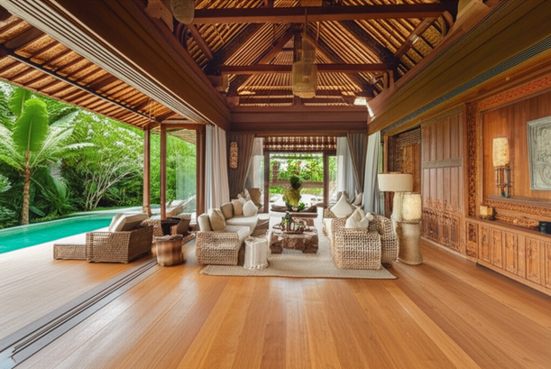 Interior design of a Bali villa showcasing open-plan living and natural materials
