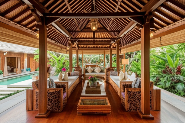 Interior design of a Bali villa featuring bespoke furniture and lush tropical landscaping.