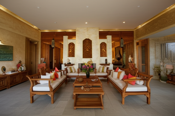 Luxurious Bali villa interior with natural stone flooring, timber accents, and bespoke cabinetry showcasing Balinese craftsmanship.