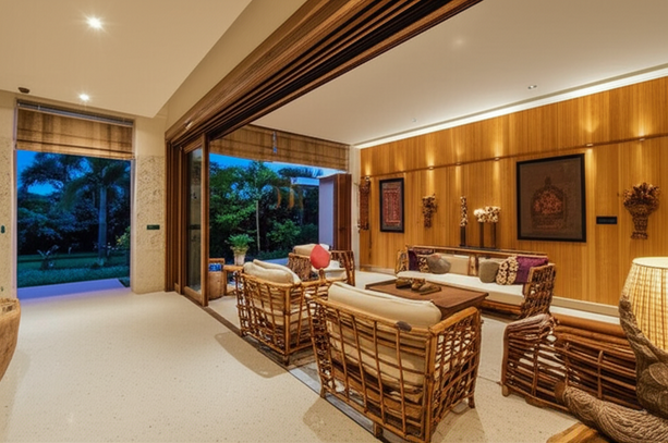 Luxurious Bali villa interior with natural materials and modern amenities.