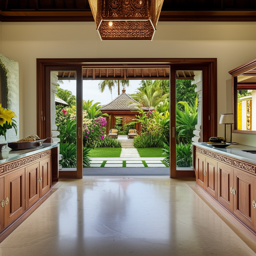 Luxurious Bali villa interior design featuring natural stone flooring, custom wooden cabinetry, and modern fixtures.