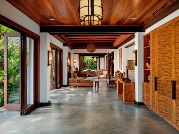 Luxurious Bali villa interior showcasing polished concrete floors, custom wood cabinetry, and artisan lighting.