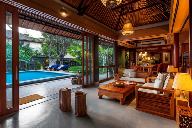 Luxurious Bali villa interior showcasing seamless indoor-outdoor living with bespoke furniture and a tropical garden.