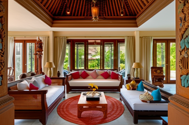 Luxurious Bali villa interior with bespoke furniture and traditional Balinese decor.