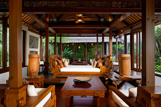 Interior design of a Bali villa with local craftsmanship and tropical decor