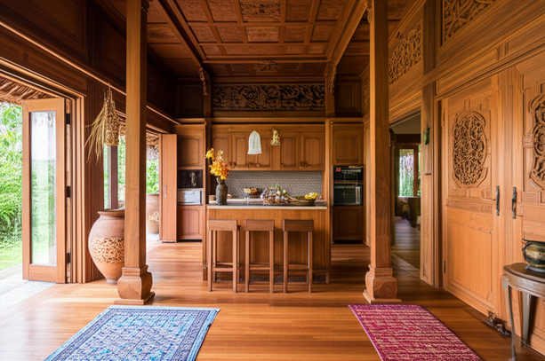 Interior design of a Bali villa showcasing a blend of Balinese tradition and modern comfort, featuring teak wood, local stone, and modern amenities.