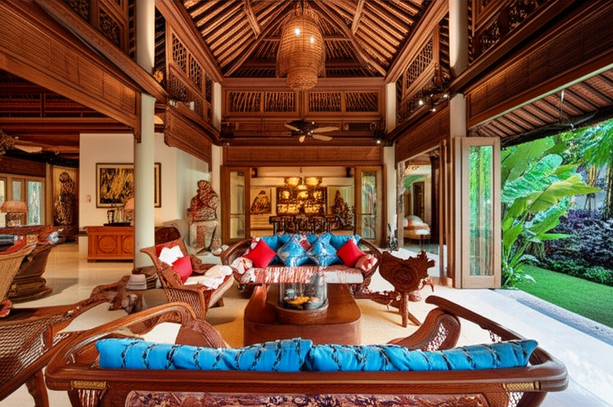 Interior design of a luxurious Bali villa, showcasing a blend of modern comfort and traditional Balinese design.