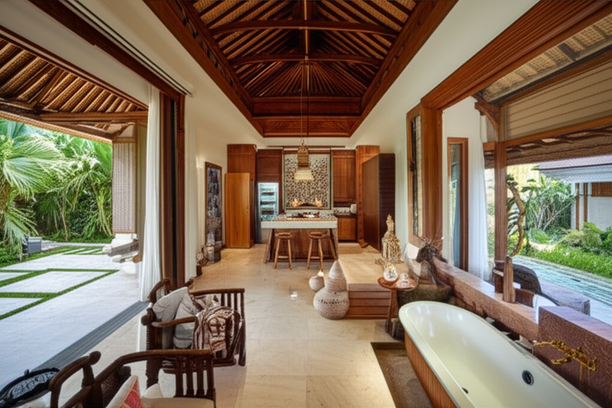Luxurious Bali villa interior with natural stone flooring, high ceilings, exposed beams, and carved wood panels, showcasing a seamless blend of modern design and Balinese craftsmanship.