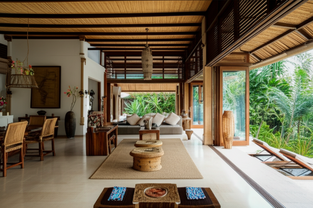 Beautifully designed interior of a Bali villa, showcasing natural materials and Balinese aesthetics.