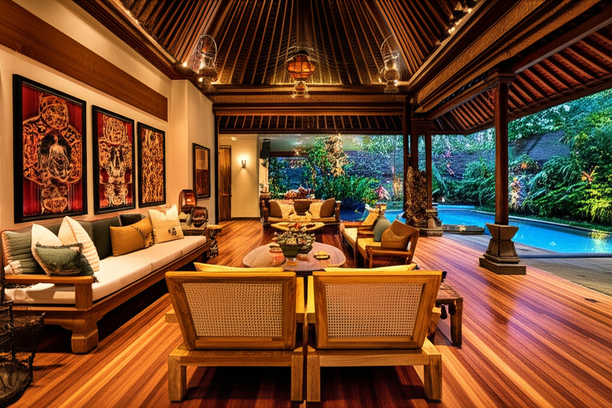 Luxurious Bali villa interior with teak furniture, rattan accents, and Balinese artwork.