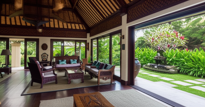 Beautiful Bali villa interior with indoor and outdoor living spaces, featuring local crafts, natural textures, and a lush tropical garden.