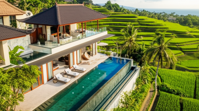 Aerial view of a luxurious villa in Bali, representing a prime investment opportunity in the Balinese real estate market.