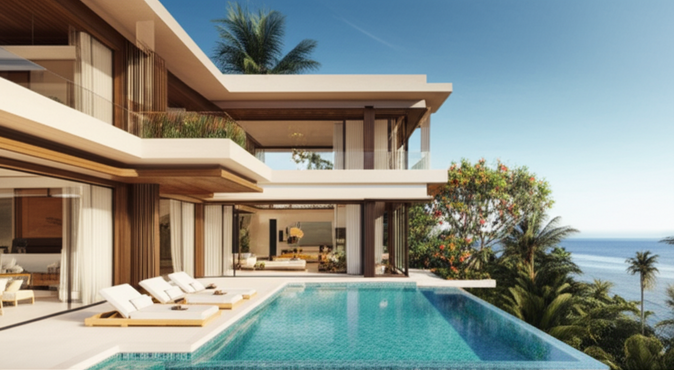 Architectural rendering of a luxurious Bali villa, showcasing investment potential in new build developments.