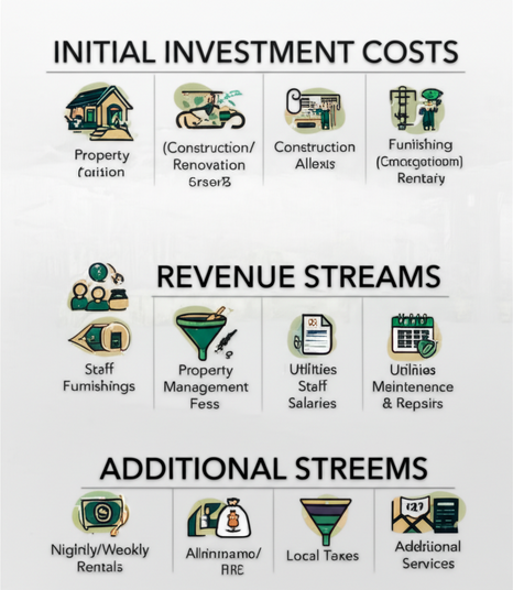 Diagram breaking down the financial aspects of a Bali villa investment, including costs, expenses, and revenue streams.