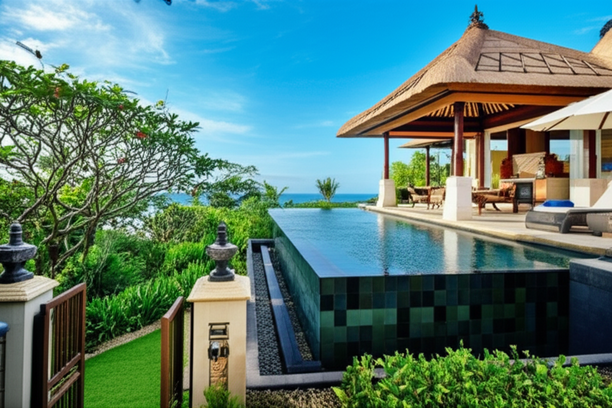 Luxury Bali villa with infinity pool, ocean view, and lush tropical landscaping, illustrating investment opportunities.