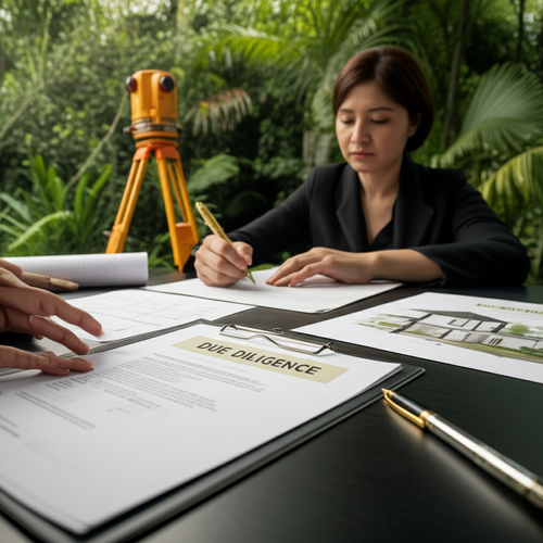 Illustration of the legal and land acquisition steps for building a villa in Bali, including due diligence, land surveys, and legal document review.
