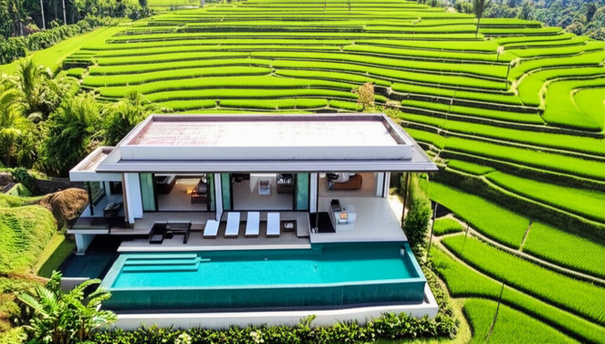 Luxurious Bali villa nestled in rice paddies, symbolizing secure land ownership options.