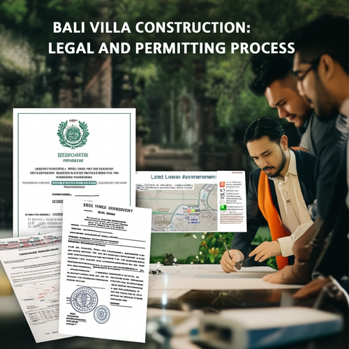 Illustration of the legal and permitting process for building a villa in Bali, showing key documents and people involved.