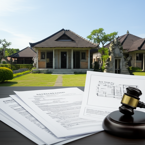 Illustration showing the legal process for building a villa in Bali, including land titles, permits, and due diligence.