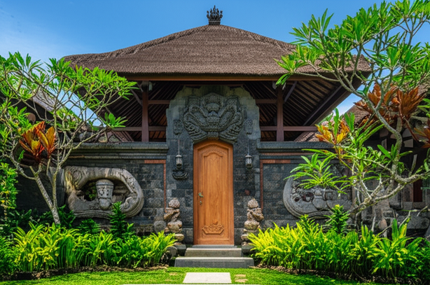 A Bali villa exterior showcasing natural materials like andesite stone, teak wood, and ijuk roofing, reflecting traditional Balinese craftsmanship.