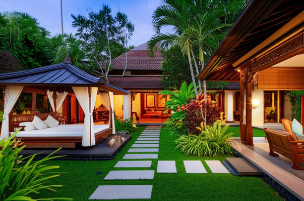 Image of a luxurious Bali villa with a tropical garden and Balinese interior design.