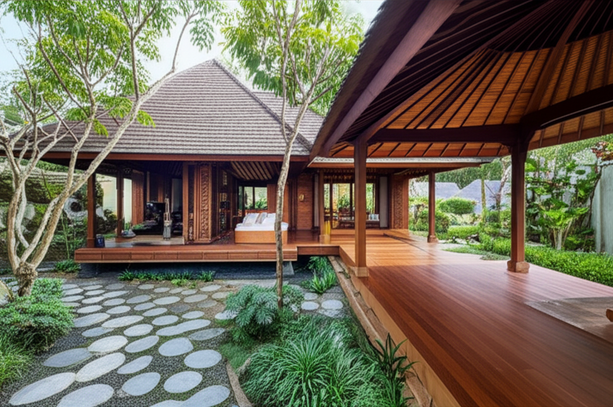 A Bali villa showcasing locally sourced materials like teak wood, ironwood shingles, and natural stone, emphasizing sustainable and eco-friendly design.