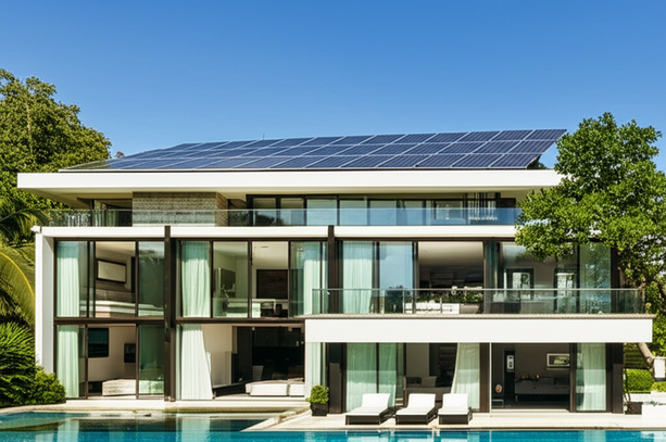 Architectural rendering of a luxury villa in Bali showcasing integrated MEP systems, including solar panels and efficient HVAC, for a sustainable and comfortable living environment.