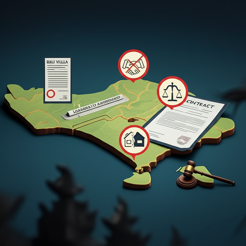 Illustration showing the legal complexities of owning a villa in Bali as a foreigner, highlighting Leasehold agreements, Freehold restrictions, and Nominee arrangement risks.