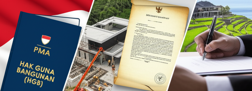 Illustration comparing Hak Guna Bangunan (HGB) and Hak Sewa (Leasehold) options for foreigners building villas in Bali, including the process and final villas.