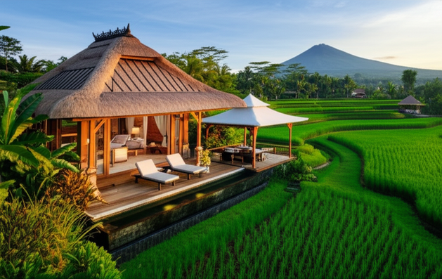 A luxurious Balinese villa with a thatched roof and open-air living spaces, set in a tropical landscape with rice paddies and a volcano.