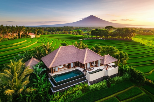 Aerial view of a luxury villa in Bali with a pool overlooking rice paddies and the ocean.