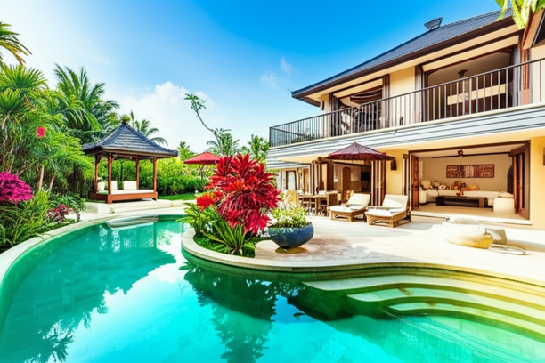Luxurious Bali villa with a freeform swimming pool, tropical gardens, and a Balinese gazebo.