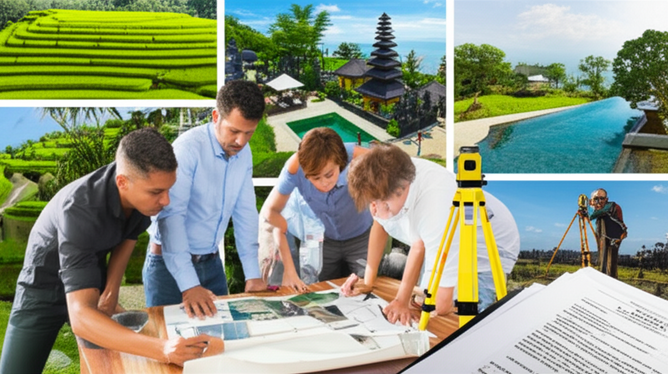 Illustration of the initial planning phase for building a villa in Bali, including architects, lawyers, and potential villa locations.
