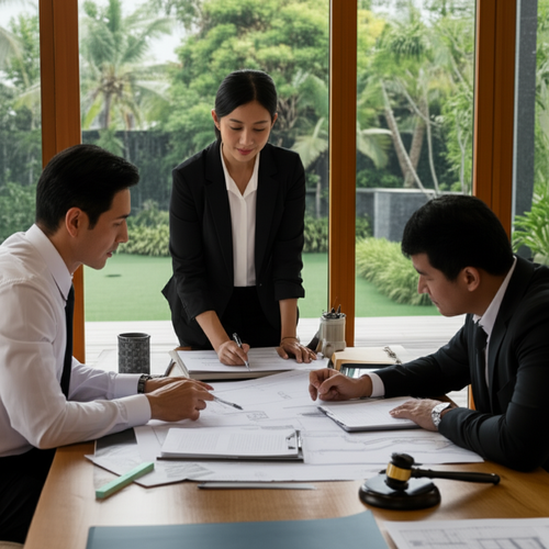 Architects, lawyers, and project managers reviewing blueprints and land surveys for a luxury Bali villa project, illustrating the pre-construction planning phase.