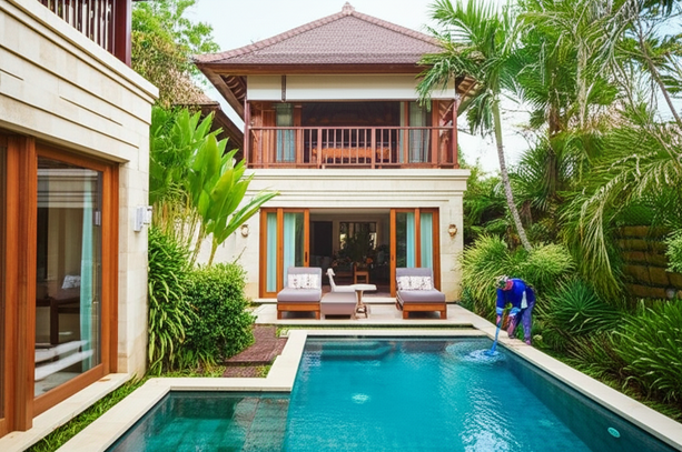 A luxurious Bali villa showcasing the importance of post-construction care, including landscaping, pool maintenance, and structural upkeep.